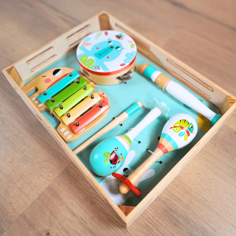 Leseni glasbeni komplet za otroke – glasbene igrače za otroke 1 leto in 2 leti, idealno darilo za prvi in drugi rojstni dan, montessori glasbene igrače za razvoj slušnih in motoričnih spretnosti.