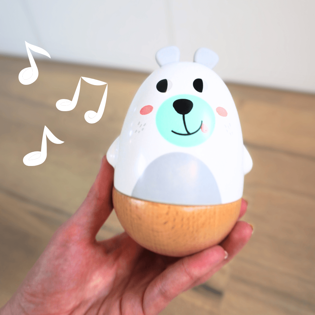 Fluffy musical teddy bear - tumbler toy for newborns and babies, which lulls and entertains during tummy time, suitable from birth. Toy for newborn, toy at birth, gift at birth