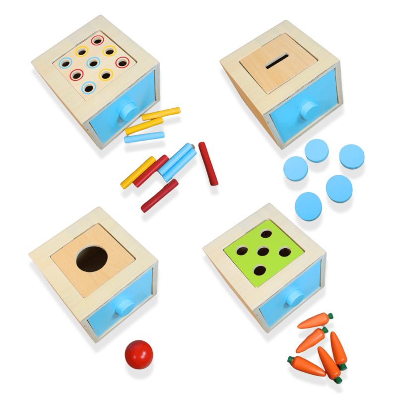 Montessori lesena kocka 4 v 1 – učna in poučna igrača za otroke od 1 leta dalje, lesene igrače za razvoj motorike, logike in koordinacije.