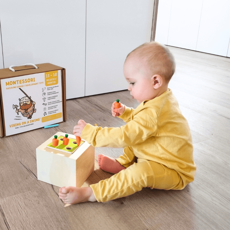 Gifts for 1st birthday, Montessori wooden cube 4 in 1 - educational and learning toy for children from 1 year old, wooden toys for developing motor skills, logic and coordination.  viking on a swing