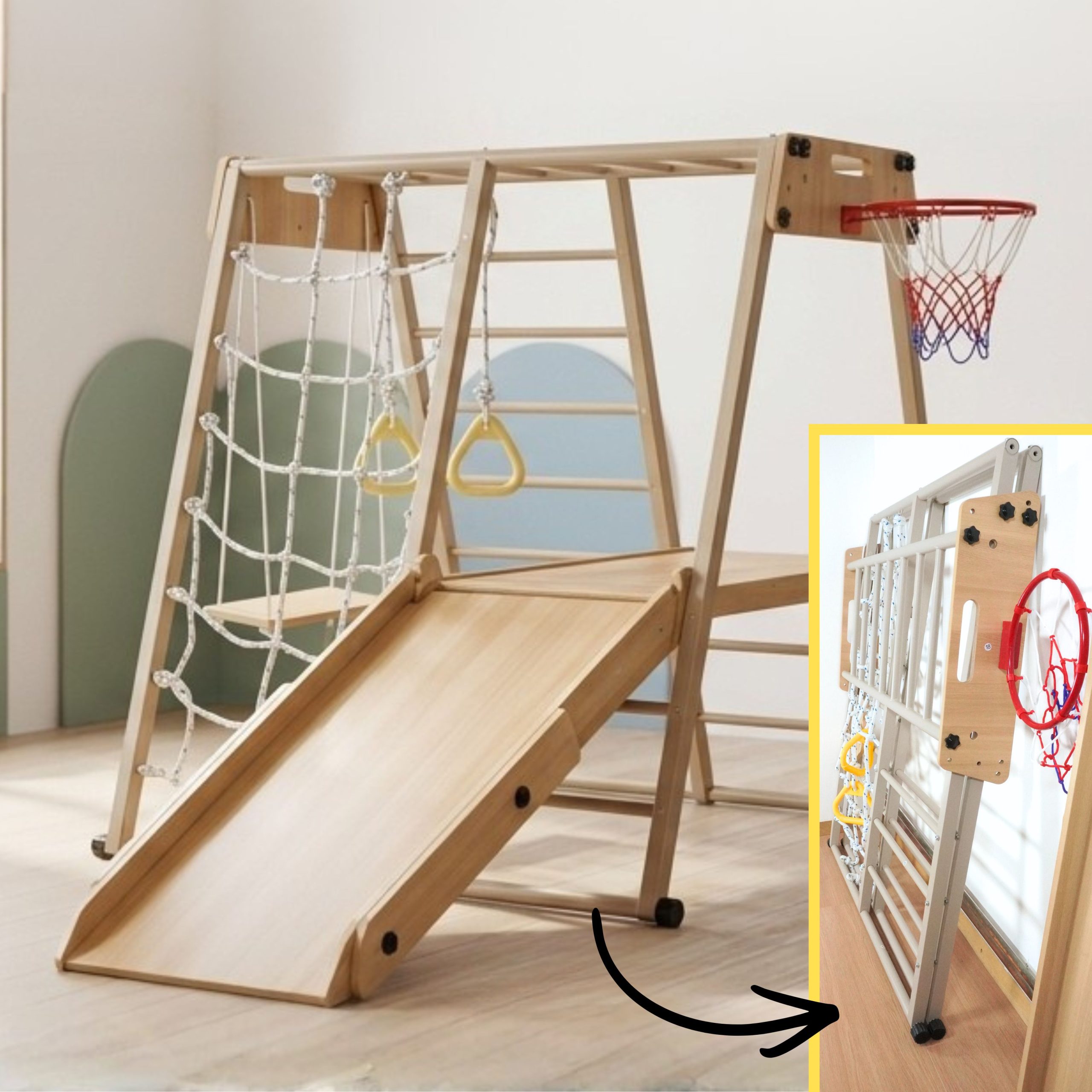 9-v-1 Otroška notranja zložljiva igralnica – JUNGLE GYM Viking on a swing